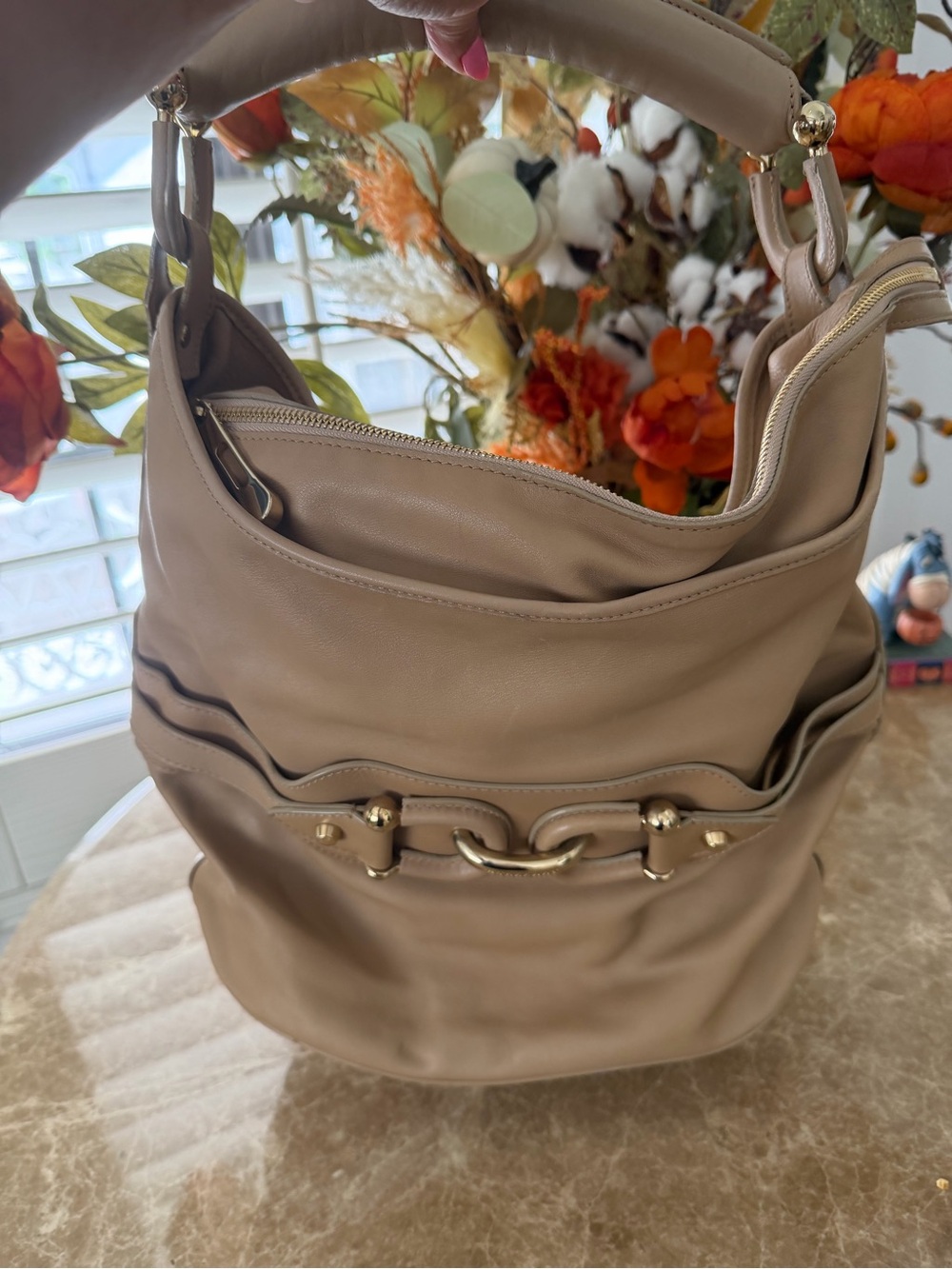 Burberry Taupe Shoulder Hobo Bag with Gold Hardware